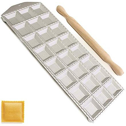 Verbania Shop Stampo RAVIOLATORE Quadro Grande 24 POSTI Ravioli 3,7 x 3,7 cm in Alluminio con Rullo in Legno