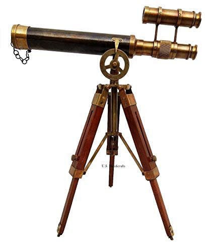 US HANDICRAFTS Double Barel Victorian London (1915) 14 Brass Telescope On Tripode Stand Antique Home Decor Table Top.
