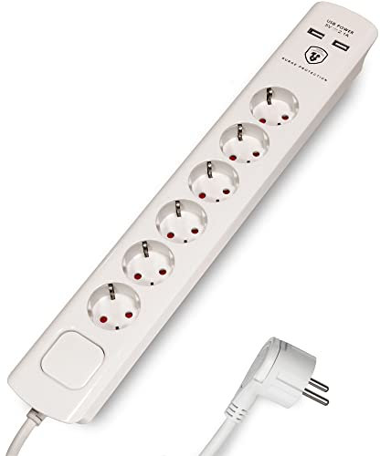 FeinTech MD000633 6-Fach Steckdosenleiste mit USB 3m Kabel Flachstecker
