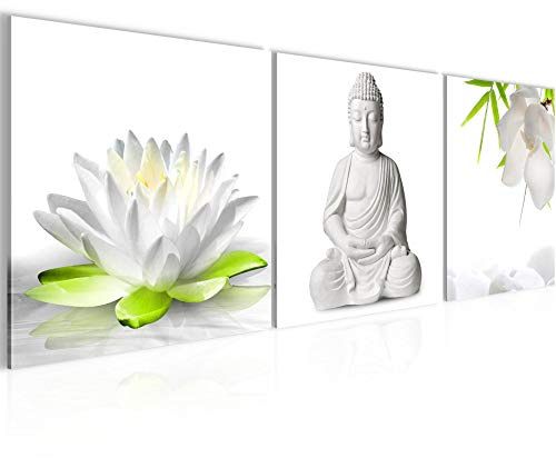 Runa Art - Bilder Buddha Feng Shui 120 x 40 cm 3 Teilig Wandbild auf Vlies Leinwand Grün Weiss Mehrteilig Modern 027333a