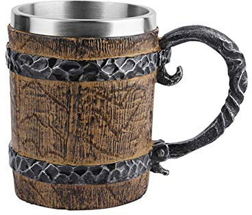 Tasse à bière en bois imitation tonneau de 567 g - Motif pirate viking - Chope médiévale - Pour bar, restaurant, décoration d'intérieur