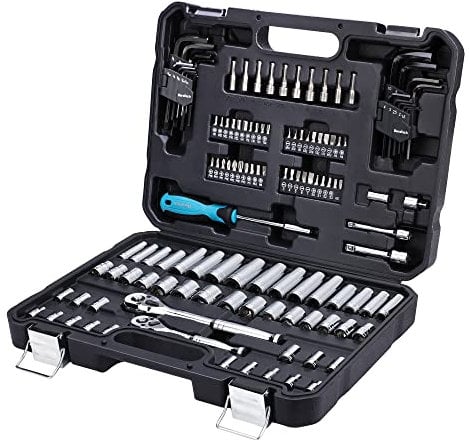 DURATECH Steckschlüsselsatz 121-teilig, Ratschenkasten Knarrenkasten Steckschlüssel Set mit 1/4” und 3/8” Umschaltknarre, Innensechskantschlüssel, Bits, Stecknüsse, Chrom-Vanadium-Stahl, inkl. Koffer
