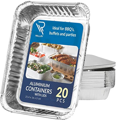 Rollay 20 Pack Aluminium Foil Trays with Lids 21.4x16x5cm/1000ml- Foil Food Containers with Lids for Food Storage, Baking, Roasting, Takeaway and Party (Pack of 20 with Lids)