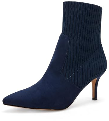 Coutgo Damen Stiefeletten mit spitzem Zehenbereich, Stiletto-Absatz, gestricktes Wildlederimitat, Wintersocke