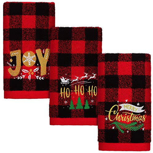 MCEAST 3 Stück große Weihnachtshandtücher, 63 x 35 cm, Weihnachten, Küchentuch, 100 % Baumwolle, dekorative Stickerei, Urlaubshandtücher für Badezimmer, Küche, Esszimmer, rot und schwarz kariert