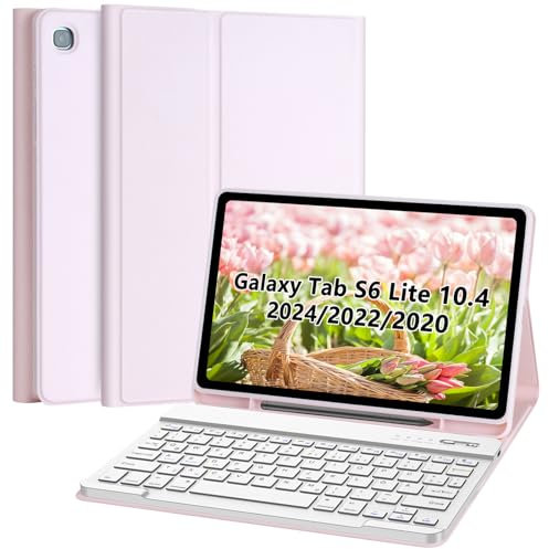 Tastatur Hülle Kompatibel mit Samsung Tab S6 Lite 10.4 Zoll 2024/2022/2020 (SM-P620/P25/P613/P619/P610/P615), Schutzhülle mit Stifthalter und Magnetische Bluetooth Abnehmbare Deutsche Tastatur (Rosa)