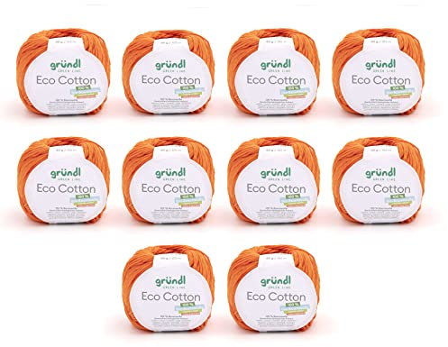 Gründl Wolle Eco Cotton - Wolle zum Häkeln - Wolle zum Stricken - Häkelgarn - Weich und hautfreundlich - 100% Bio-Baumwolle - 10 Knäuel 50 g / 105 m - Nadelstärke 3,5-4,5 - orange