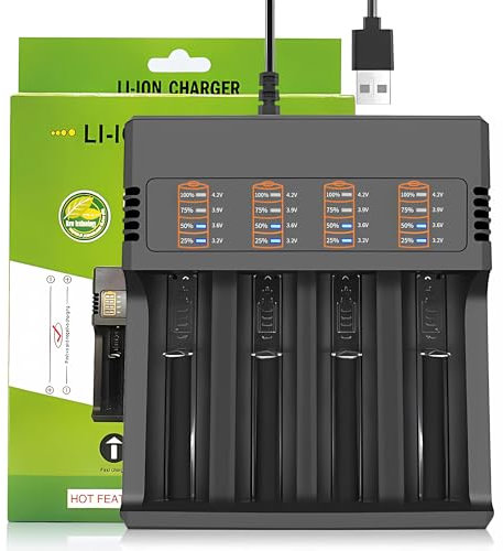 GRACETOP - Universal Battery Charger with 4 Slots for 3.7V Rechargeable Batteries, Compatible with 18650, 26650, 14500, 16340 (CR123) and More (Without Battery)