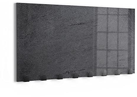 DEQORI Wandgarderobe Glas & Metall | Motiv Schiefertafel Stein-Optik | 60x30 cm | Design Haken-Leiste modern | Garderoben-Paneel für Flur, Wohnzimmer & Schlafzimmer | magnetisch & beschreibbar