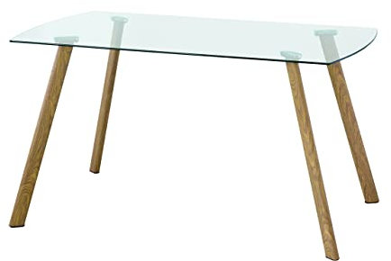 Homely - Mesa de Comedor de diseño nórdico TALISMÁN, sobre de Cristal Transparente, Patas de Metal Color Roble, de 140x80x76 cm