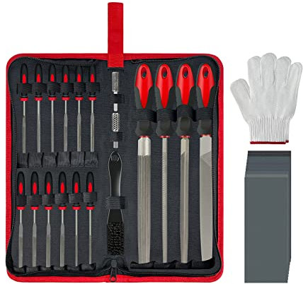 SETTECH 31PCS Metal File Set with Case,4PCS Carbon Steel Flat, Half-Round, Round and Triangle Metal&Wood File,14PCS Needle File Set,2PCS Electric Files,10PCS Sandpaper,1PC Brush and Working Gloves