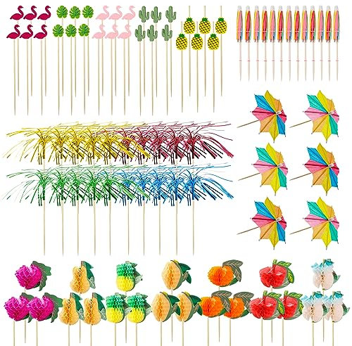 Set de 145 accessoires pour cocktail, décoration de cocktail, accessoires de fête polyvalents avec parapluies de cocktail colorés et canne en bambou, idéal pour les fêtes d'été et les anniversaires
