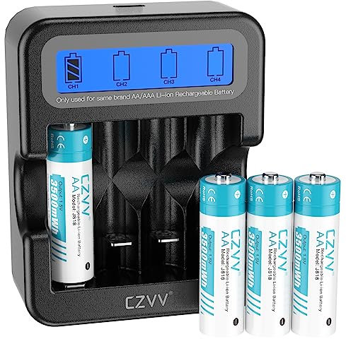 czvv Piles Rechargeables Lithium AA 1,5V - LCD Chargeur avec 4 Pack Accu Haute Capacité 3500 mWh - Ultra Rapide 2H, Longue Durée 10 Ans, 1300 Cycles, Faible Auto-décharge, Aux Souris, Manettes de Jeu