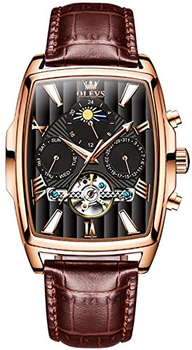 OLEVS Herren-Armbanduhr, quadratisch, luxuriös, automatisch, selbstaufziehend, Skelett, braun, atmungsaktiv, Lederband, Kleid, mehrere Kalender, wasserdicht, Mondphase, stilvolles Geschenk, Rotgold