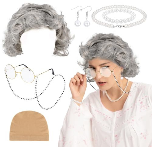 XEPST 7 STÜCK Alte Dame Perücke Kostüm Set-Alte Dame Kostüm Zubehör Set mit Oma Perücke Brille Faux Perlenkette Armband Ohrringe für Halloween Kostüme Cosplay Karneval Kostüm, B
