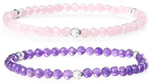 Farfume Bracelets for Women - Natural Crystals Bracelet Women Natural Gemstones Yoga Reiki Bangle- A Set of Double Bracelets(Rose Quartz&Amethyst)