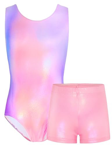 TENVDA Gymnastikanzug für Mädchen von 5–12 Jahren, glitzerndes Tanz-Outfit mit passenden Shorts, rosa/purpur, 8-9 Jahre