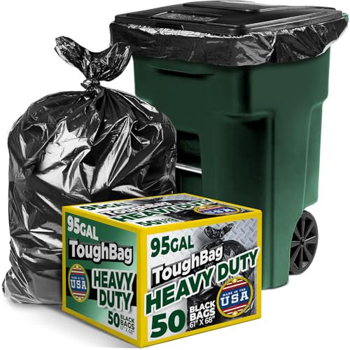 ToughBag Lot de 50 sacs poubelle noirs très résistants de 240 à 240 litres – Sacs poubelle noirs extra larges de 200, 95, 96, 370 litres – Fabriqués aux États-Unis