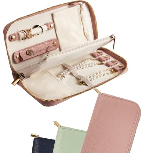 BETUFIARY Travel Jewelry Organizer Case - for Tangle-Free Necklaces, Earrings, Rings, Bracelets Storage, Travel Essentials, Fashion Portable Jewelry Travel bags for Women - Medium Macaron Pink
