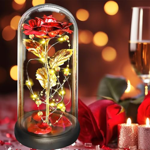 Rose Eternelle sous Cloche - La Belle et la Bête Fleurs Éternelles, Enchanted Rose Élégant Dôme en Verre avec Lumières LED pour Femme, Mere, Mamie, Petite Amie, pour la Saint-Valentin