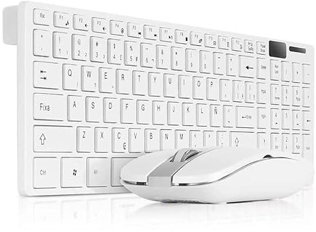 Teclado inalambrico K-06 2,4G + Ratón Combinado Teclado portátil español Ñ para Ordenador PC con ratón Plug and Play + Funda Silicona (Blanco)