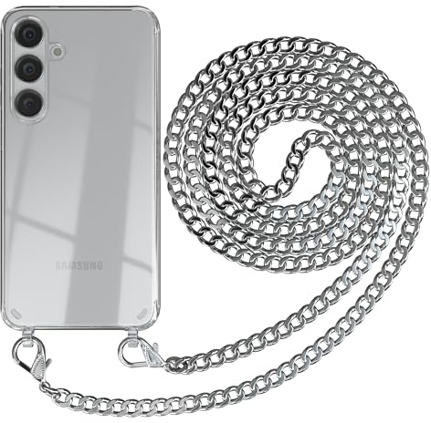 EAZY CASE Handykette kompatibel mit Samsung Galaxy S24 Plus Handyhülle mit Metall Umhängeband und Ersatz Kordel schwarz, Handykordel mit Schutzhülle, Kette mit Smartphone Hülle, Metall – Silber