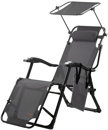 CampFeuer Tumbona Plegable con Parasol | Tumbona Reclinable y Plegable | Tumbona Reclinable con 6 Posiciones y Almohada | Tumbona de Exterior, de Jardín, Camping, Patio, Playa | Silla de Camping