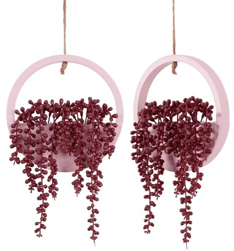 Floweroyal 2pcs Artificial Succulents Hanging Plants 12.2'' Fake String of Pearls in Pot with 8.3'' Lanyard for Indoor Outdoor Wall Decor (Pink).