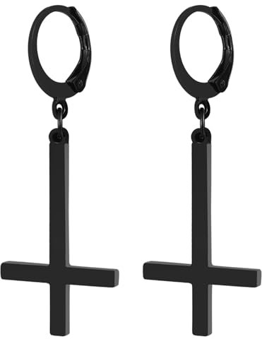 JewelryWe Petruskreuz Ohrringe für Herren Damen: Schwarz Edelstahl Satanische Ohrringe Huggie Creolen mit Baumelnde Umgekehrt Upside Down Kreuz Unisex Hängende Ohrringe Ohrhänger Religiöses Schmuck