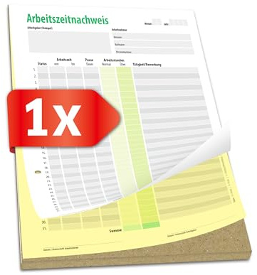 PRIMUS PRINT Arbeitszeitnachweis Schreibblock A4 – mit Selbstdurchschreibenden Papier – Durchschreibschutz – Arbeitszeiterfassung für 31 Tage – Stundennachweis für Minijob, Vollzeit [1 x Block]