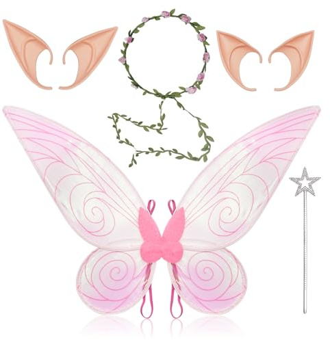 Fettwal Ailes de Fée Adulte Set, Deguisement Fee Femme, Fairy Wing pour Carnaval Halloween Cosplay, Ailes de Papillon Déguisement avec Oreilles D'Elfe Bandeau Baguettes de Étoile, Rose Clair