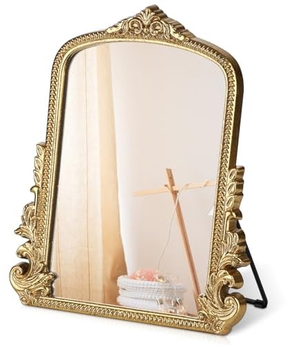 Vintage sminkspegel, sminkspegel antik traditionell bordsspegel, stående, häng eller väggmonterad, justerbar utklädningsspegel, gulddekorspegel för vardagsrum, sovrum (guld, 30 x 25 cm)