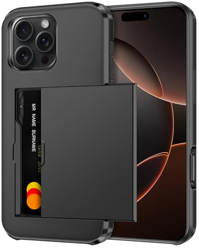 Coolden Handyhülle für iPhone 16 Pro Hülle mit Kartenfach [2 Karten]Schwarz | Armor Stoßfest Schutzhülle Hülle Silikon Weicher TPU Harte PC Bumper Cover Heavy Duty Etui Hülle Case für iPhone 16 Pro