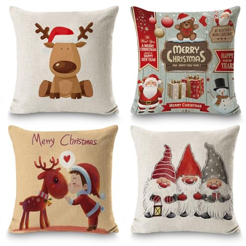 Kissenbezug Weihnachten 50x50,4 Stück Kissenbezug 50x50 Weihnachten,Weihnachtskissen,Weihnachtskissenbezug 50x50,Jaweihnachts Klein Kissenüberzug,Leinen Kissenhülle Weihnachten,Frohe Weihnachten Deko