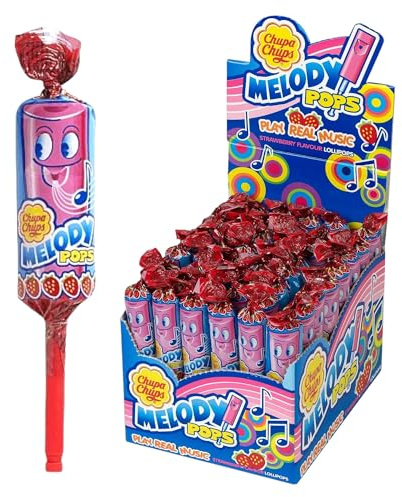 Chupa Chups Strawberry Melody Pops - Fun Strawberry Flavoured Lollipops with Musical Whistle - 48 Pack (Display Box)