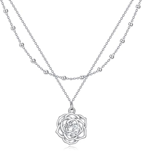 YONFQE Double Layered Rose Necklace 925 Sterling Silver Delicate Flower Pendant Square Crystal Zirconia Jewellery Birthday Gift for Women Mother Grandmother