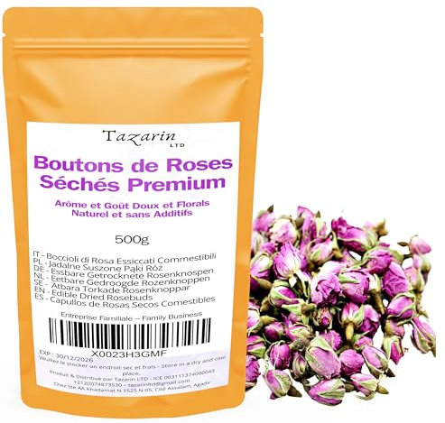 500g Boccioli di Rose Commestibili Premium - Infuso di tè ai Petali di Rose dell'Atlante Essiccati - Aroma e Gusto Dolce e Floreale - 100% Naturale, Puro e Senza Additivi | TazarinLtd