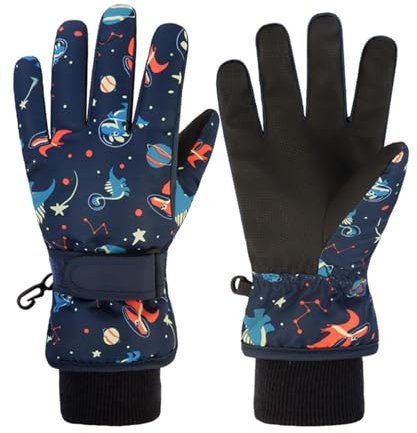 HNGEMSY Handschuhe Kinder Winter Schneehandschuhe Skihandschuhe für 2-13 Jahre Mädchen Jungen PU Palme Wasserdicht Winddichte Warm Fleece Winterhandschuhe (Blau-Dinosaurier, S)