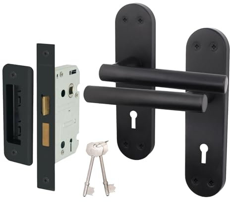EAI Black Door Handle Key Lock Set | 1 Pair of Matt Black Internal Lever T-Bar Handles on Backplate with Sash Lock (64mm) & Keys | Oliena Range