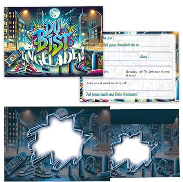 Limonia 12 Einladungskarten inkl. 12 Umschläge zum Kindergeburtstag Graffiti Street Art Einladung Set Geburtstag Mädchen Kinder Jungs Jungen Boys Teenies Jugendliche Modern