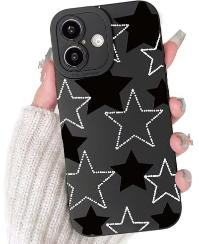 NITITOP Compatible for iPhone 16 Case Cute Cool Star Black Design for Women Girls Soft TPU Shockproof Protective Girly for iPhone 16 - Black White Star