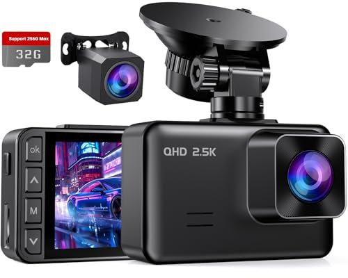 Dash Cam Front and Rear, 2’’ IPS Display Mini Car Camera, 2.5K+1080P Full HD Dashcams for Cars with G-Sensor, 170°Wide Angle, 24H Parking Mode, Loop Recording, Night Vision, 32GB Card Included