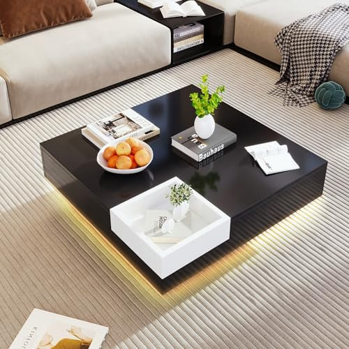 Easexcy Couchtisch, Hochglanz-Wohnzimmertisch, Beistelltisch mit Abnehmbarer Aufbewahrungsbox, Farbblockweiß und Schwarz, 72 * 72 * 30 cm, Mit LED-Lichteffekt (Schwarz + weiß+LED)