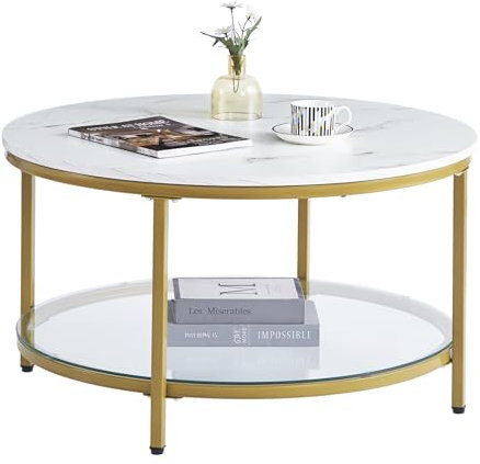 ZZINOKE Table Basse Ronde 80cm, Façon Marbre, Support en Verre Trempé et Structure Métal, Facile à Assembler pour Salon/Chambre, Style Moderne, Table de Salon Blanc & Doré 80x80cm