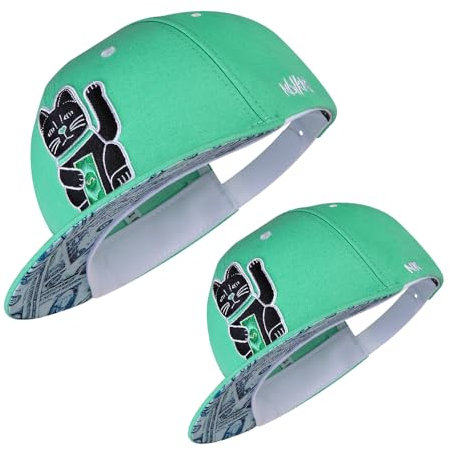Nebelkind Snapback-Cap-Herren Damen Winkekatze, Einheitsgröße OneSize, Größenverstellbar, Unisex, hochwertige Basecap trendig, Streetwear Style, Baseball-Kappe mit geradem Schirm, Retro (Mintgrün)
