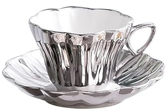 FUENYEJIA Tazza da caffè e piattino da 180 ml, stile inglese, ceramica, osso Cina con pittura oro, tazza da latte bianco puro con design floreale (placcatura in argento galvanizzato)