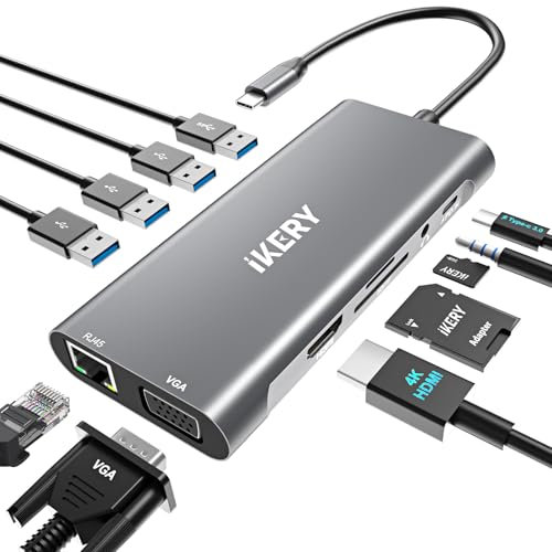 IKERY 11-in-1 USB-C Hub, 4K HDMI/DP/VGA, 100W PD, 5Gbps USB 3.0, Ethernet, SD/TF Reader, for MacBook Pro/Air, Dell, HP, Windows Laptops