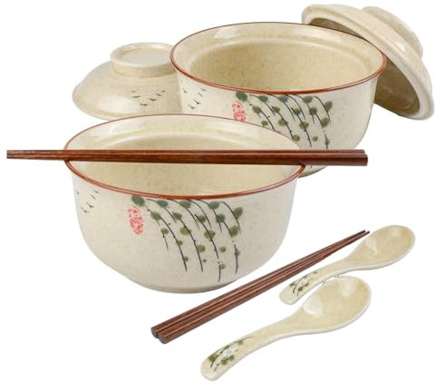 CZCMYAU 2 Pack Ceramic Ramen Bowls 27 Ounce Large Noodle Soup Bowl with Lid Japanese Style Retro Ceramic Tableware Set for 2 Person Chopsticks and Spoons Microwave Dishwasher Safe