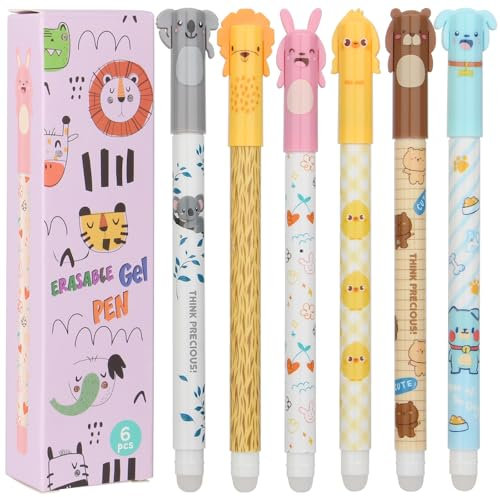TPTGIAR 6 Stück Radierbarer Kugelschreiber, Erasable Pen Set, Cartoon Tintenroller Radierbar, Radierbare Stifte für Erwachsene Kinder Studenten(0,5mm Blau)