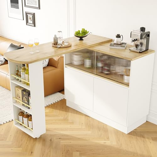 Boorbin Mesa alta giratoria 360° (cuerpo principal 90 x 45 x 100 cm), aparador multifuncional con compartimento, puerta corredera de cristal, para cocina/comedor (blanco)